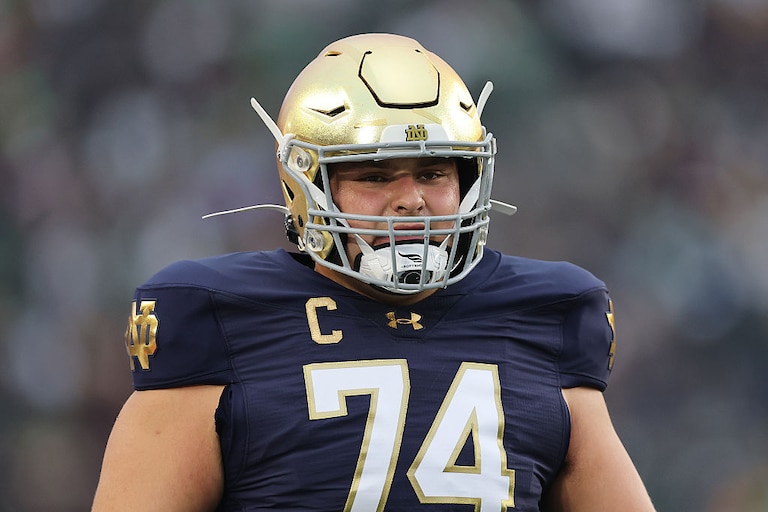 Notre Dame offensive lineman Billy Schrauth looks on prior to the game against the Texas A&M Aggies on Sept. 13, 2025.