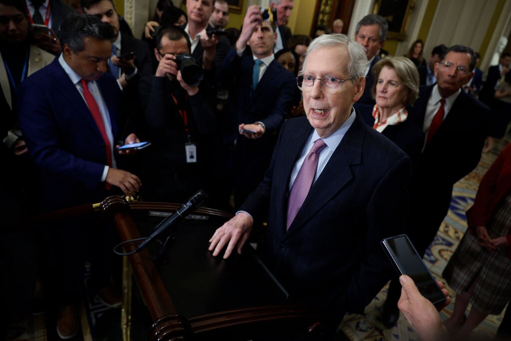 Senator Mitch McConnell (R-KY) talks to reporters following the weekly Senate Republican caucus policy luncheon at the U.S. Capitol on February 27, 2024 in Washington, DC.