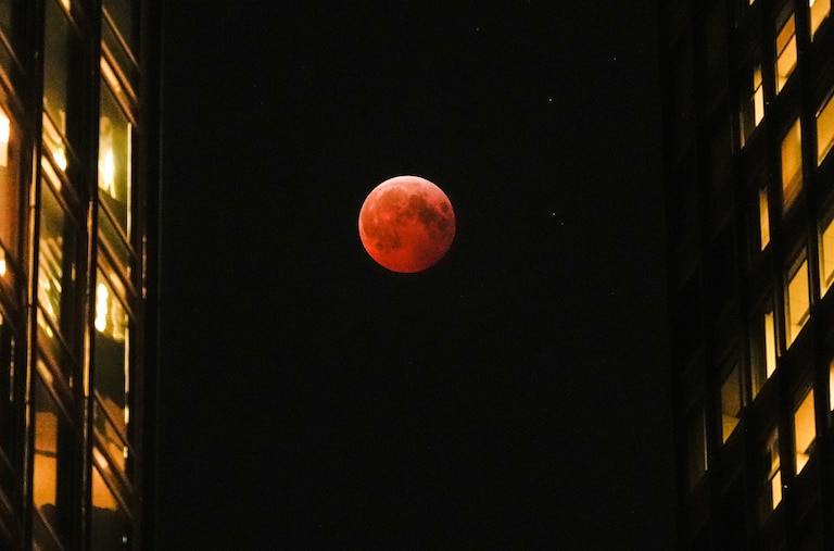 A total lunar eclipse, known as the blood moon, is visible between skyscrapers in Chicago.