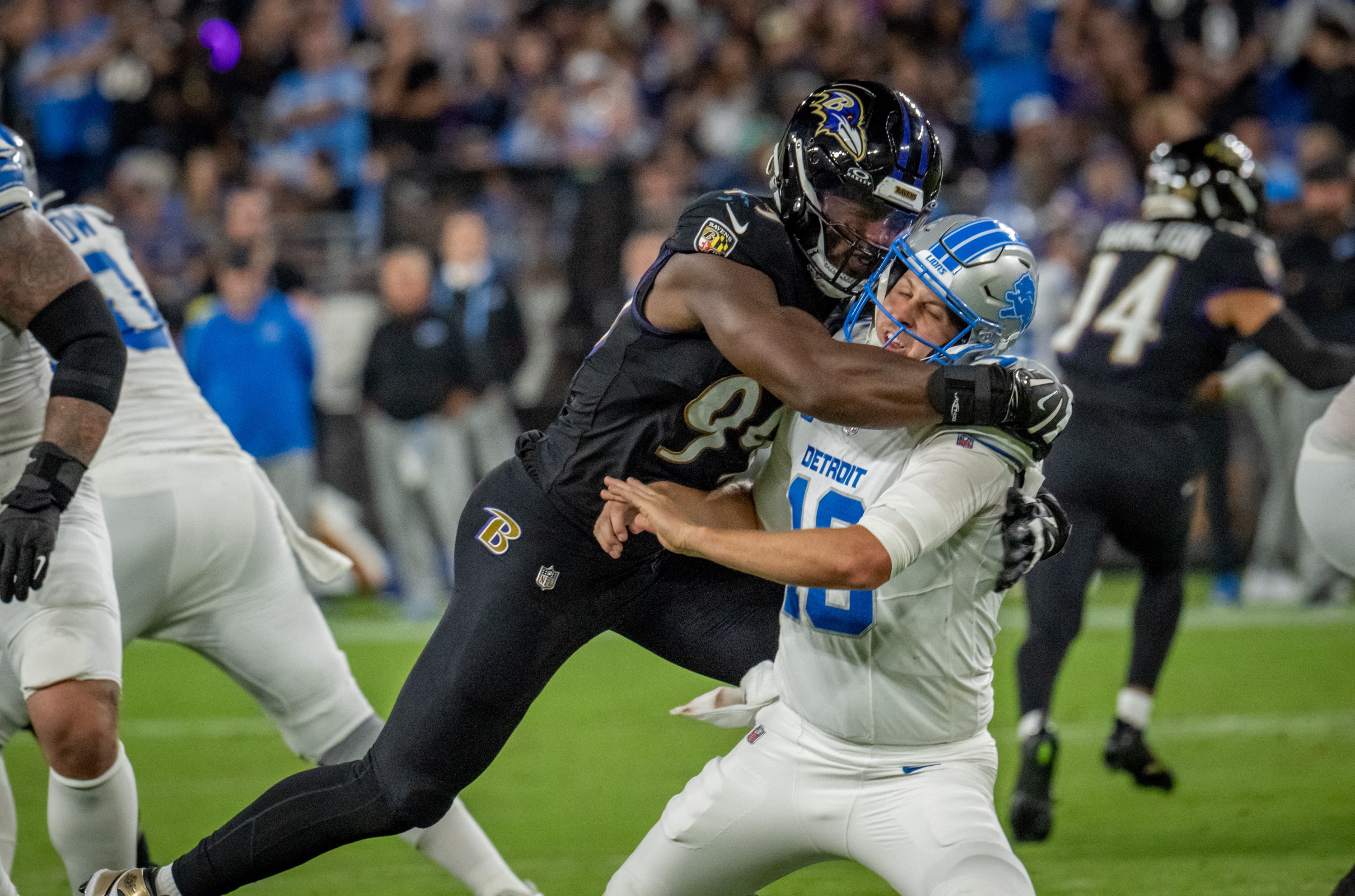 Former Ravens outside linebacker Odafe Oweh hits Lions quarterback Jared Goff. Oweh signed as a free agent with the Commanders during the offseason.