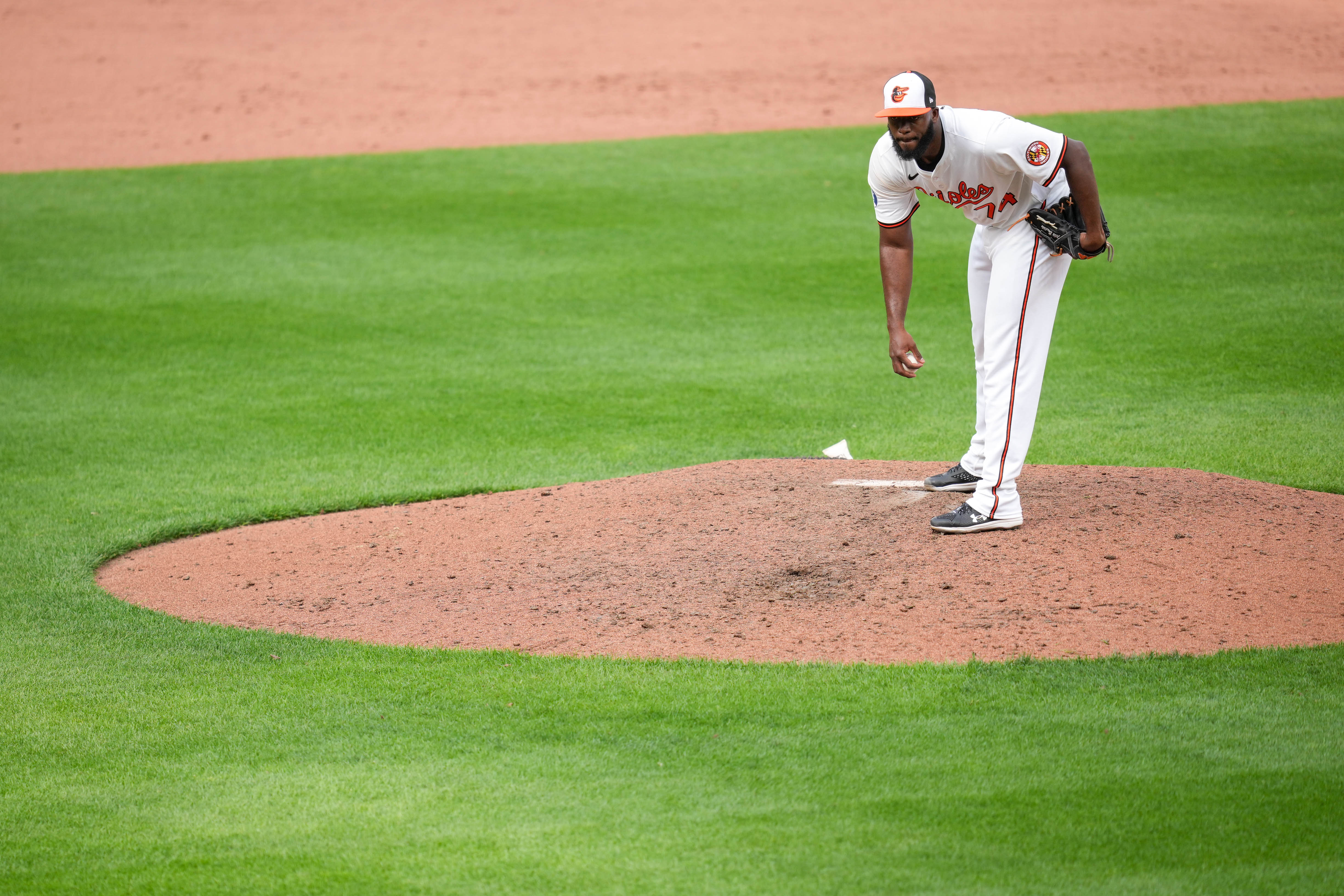 Baltimore Orioles pitcher Félix Bautista (74) prepares to deliver a pitch during the team’s home opening game against the Boston Red Sox at Oriole Park at Camden Yards in Baltimore, Md. on Monday, March 31, 2025.