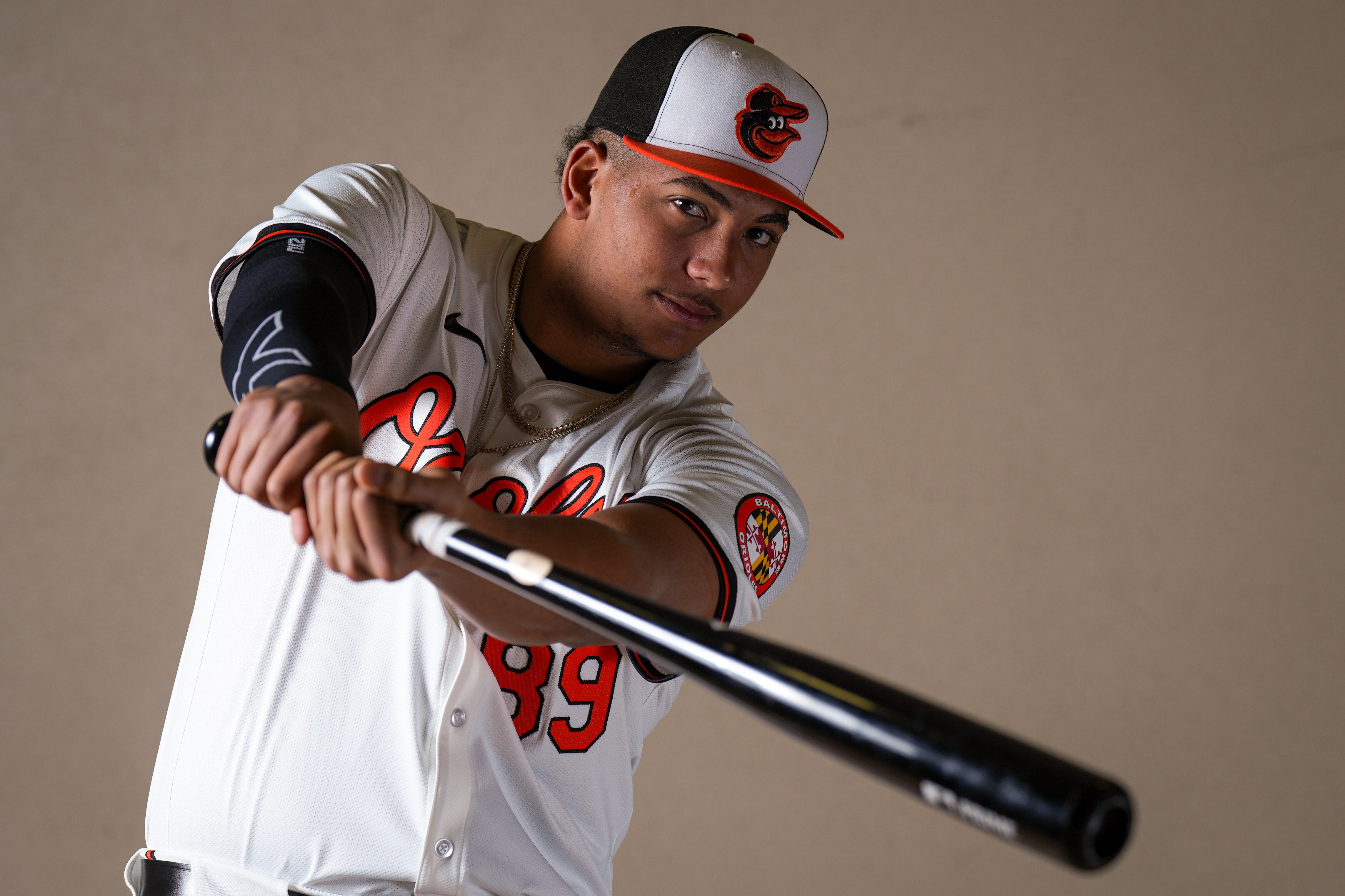 Baltimore Orioles catcher Samuel Basallo (89) poses for a portrait during the Baltimore Orioles’ team picture day during spring training at Ed Smith Stadium on February 21, 2024.