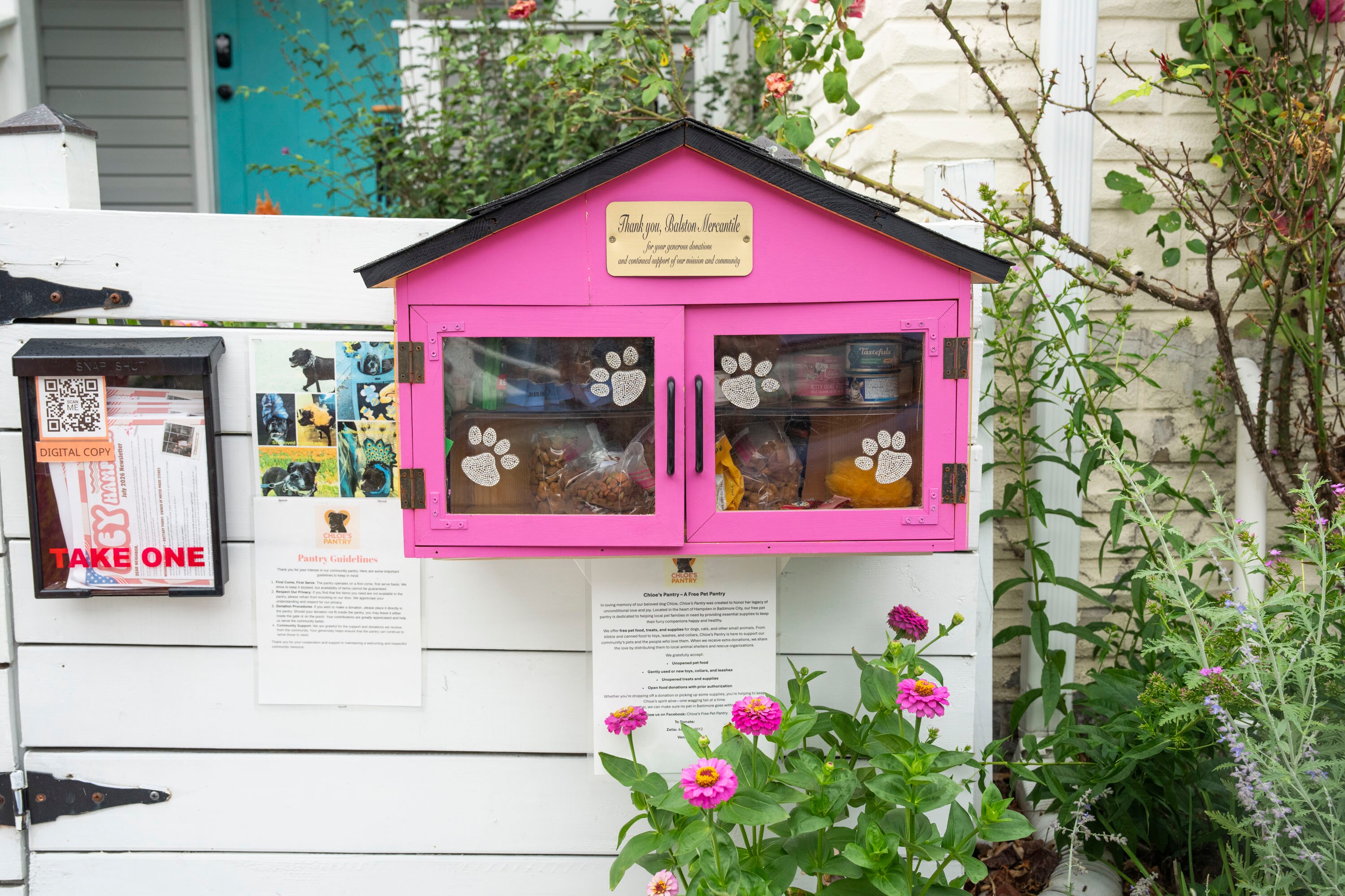 The pet pantry on Keswick Road in Hampden is stocked with donated pet food and treats, all free to the community.