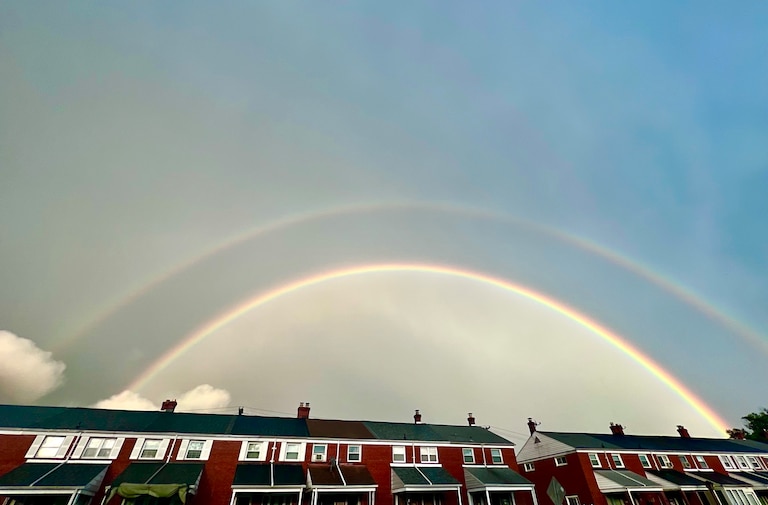 A double rainbow appears over Dundalk after a severe storm on August 7, 2023.