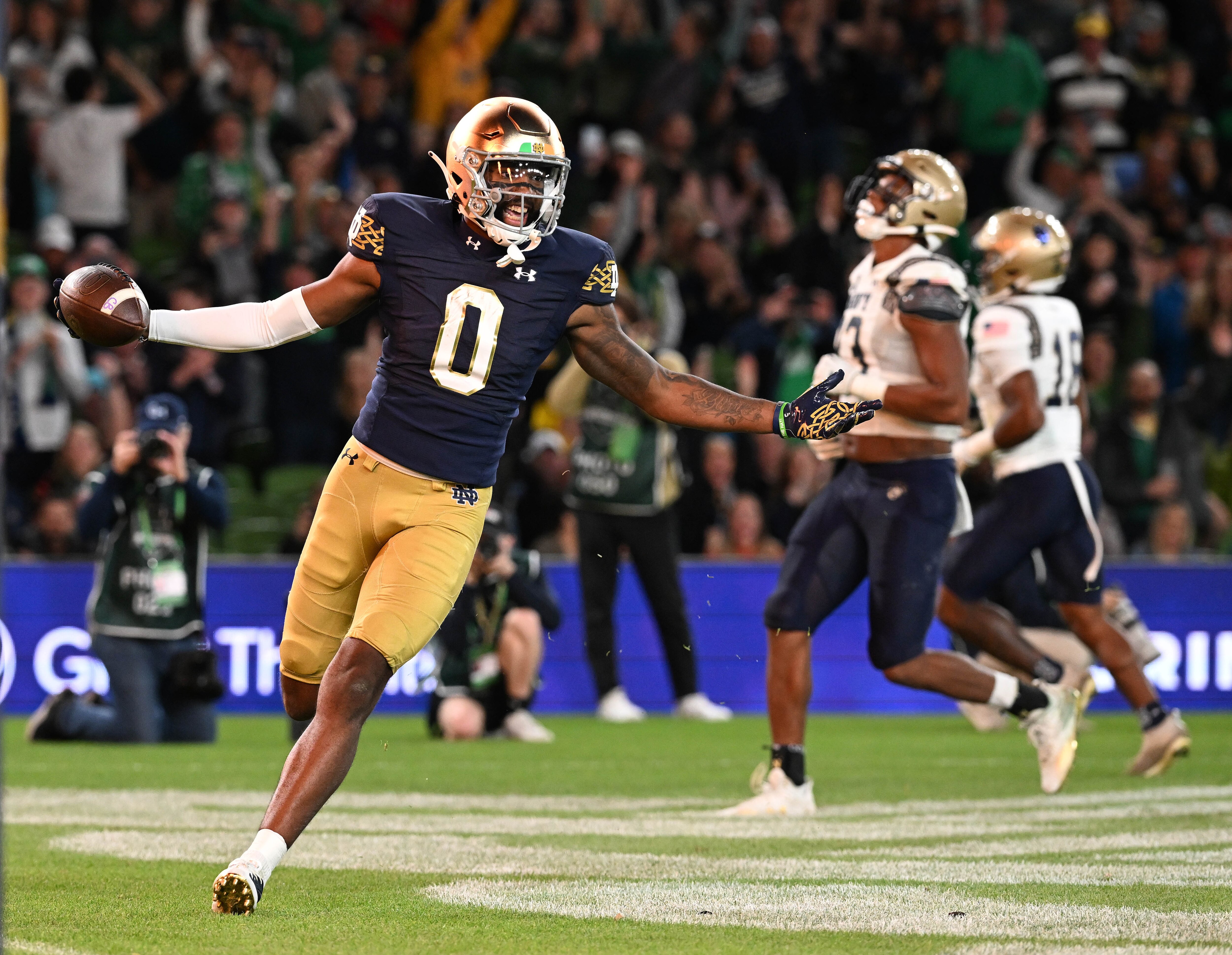 DUBLIN, IRELAND - AUGUST 26: Deion Colzie #0 of the Notre Dame Fighting Irish celebrates a touchdown during the Aer Lingus College Football Classic game between Notre Dame and Navy at Aviva Stadium on August 26, 2023 in Dublin, Ireland. (Photo by Charles McQuillan/Getty Images)