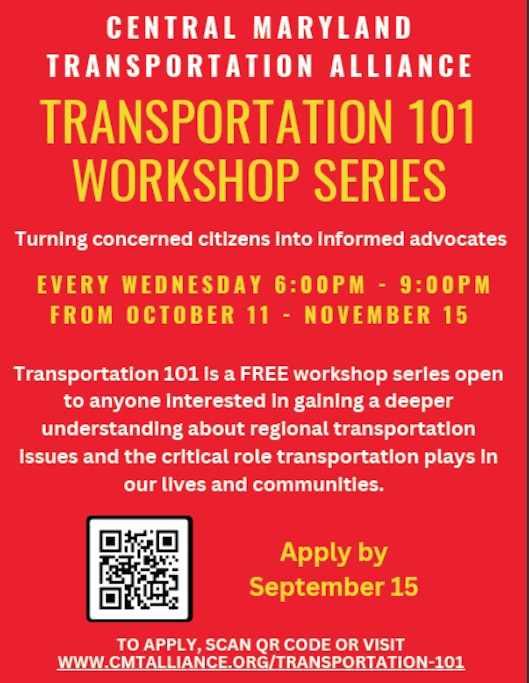 A red informational flyer offering details for how to sign up for the Transportation 101 course.