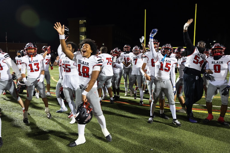 The Blair football team celebrates after beating Wheaton last week. They'll play Churchill in the quarterfinals on Friday, Nov. 21, 2025.