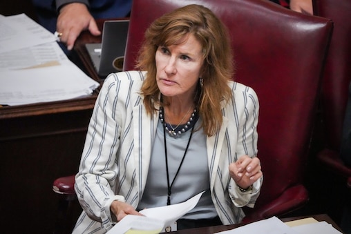 Sen. Mary-Dulany James, a Harford County Democrat, sits in the Maryland State House during Sine Die, the final day of the 2024 General Assembly Session in Annapolis, on April 8, 2024. Any bill that doesn’t get passed by midnight on Sine Die is dead, and lawmakers will need to address it next year.