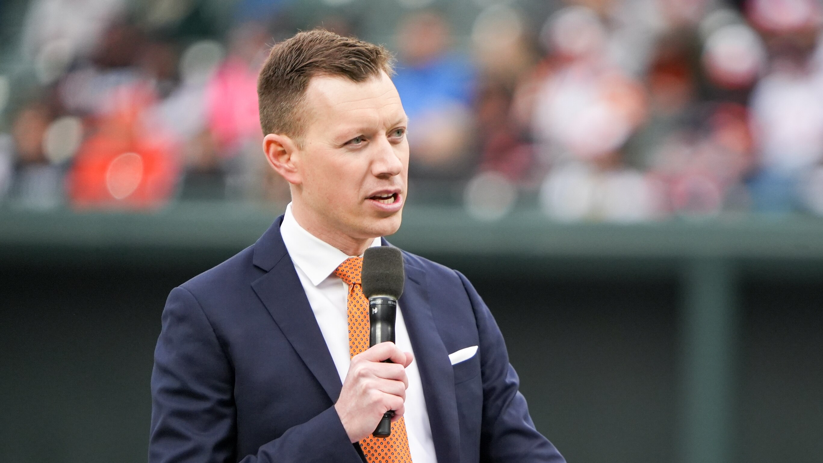 Orioles Broadcaster Kevin Brown hosts Opening Day festivities from the field at Camden Yards on Thursday, March 28, 2024. The Baltimore Orioles won their first game of the season, 11-3, against the Angels.