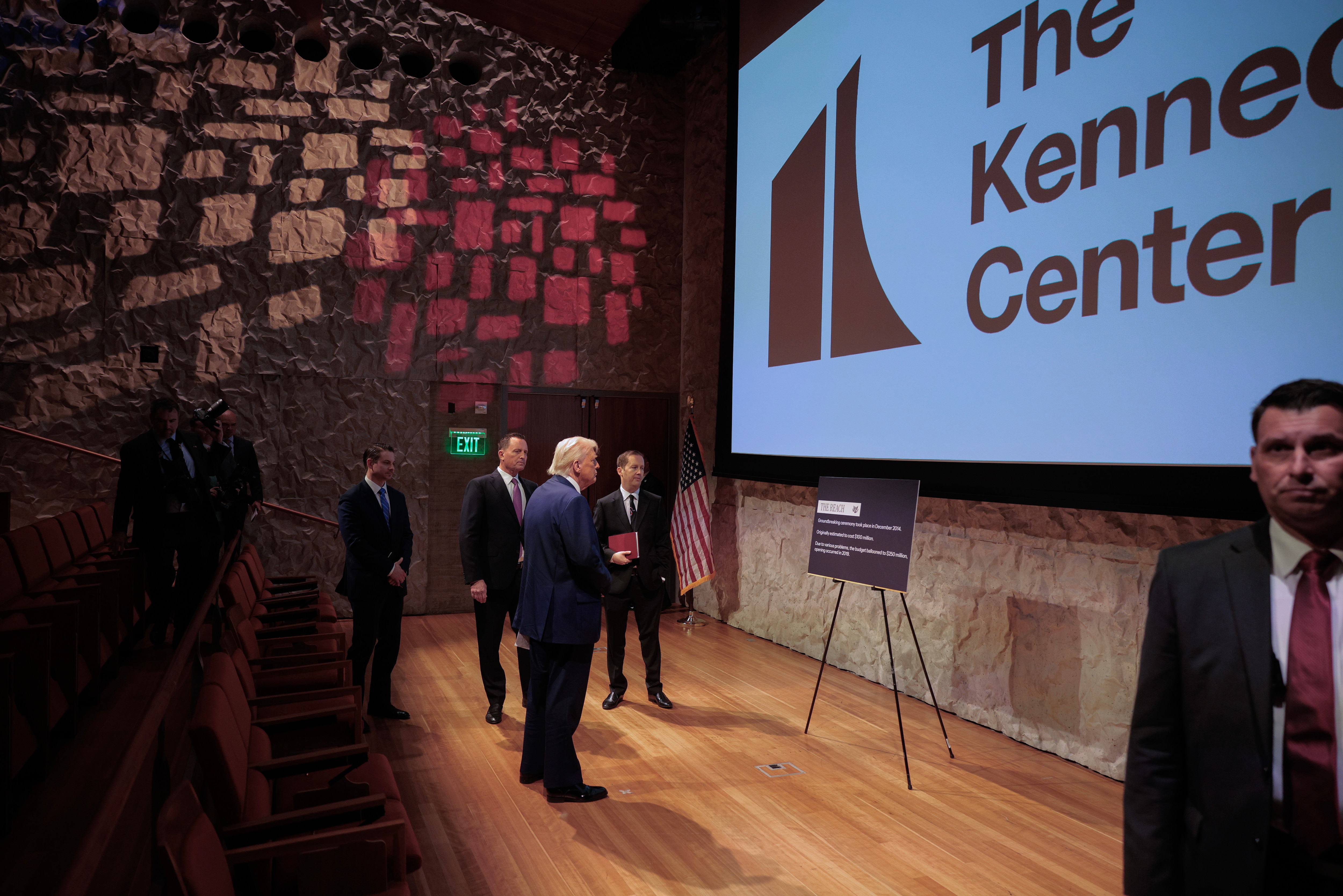 WASHINGTON, DC - MARCH 17: U.S. President Donald Trump looks at a theater in the John F. Kennedy Center for the Performing Arts' REACH extension on March 17, 2025 in Washington, DC. After shunning the annual Kennedy Center Honors during his first term in the White House, Trump staged a takeover of the storied music, theater and dance institution by purging the bipartisan board of Biden appointees, firing the center’s president and making himself the new chairman in February. (Photo by Chip Somodevilla/Getty Images)