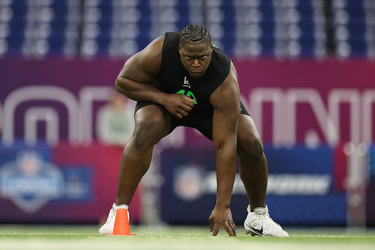 Emmanuel Pregnon of the Oregon Ducks participates in a drill during the 2026 NFL Scouting Combine on March 1.