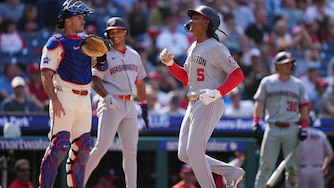 Washington Nationals' CJ Abrams scores after hitting a three-run home run during the seventh inning.