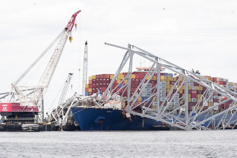 The cargo ship Dali, which toppled the Francis Scott Key bridge when it crashed into it in March, is seen in the Patapso River on April 25, 2024.