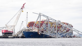 The cargo ship Dali, which toppled the Francis Scott Key bridge when it crashed into it in March, is seen in the Patapso River on April 25, 2024.