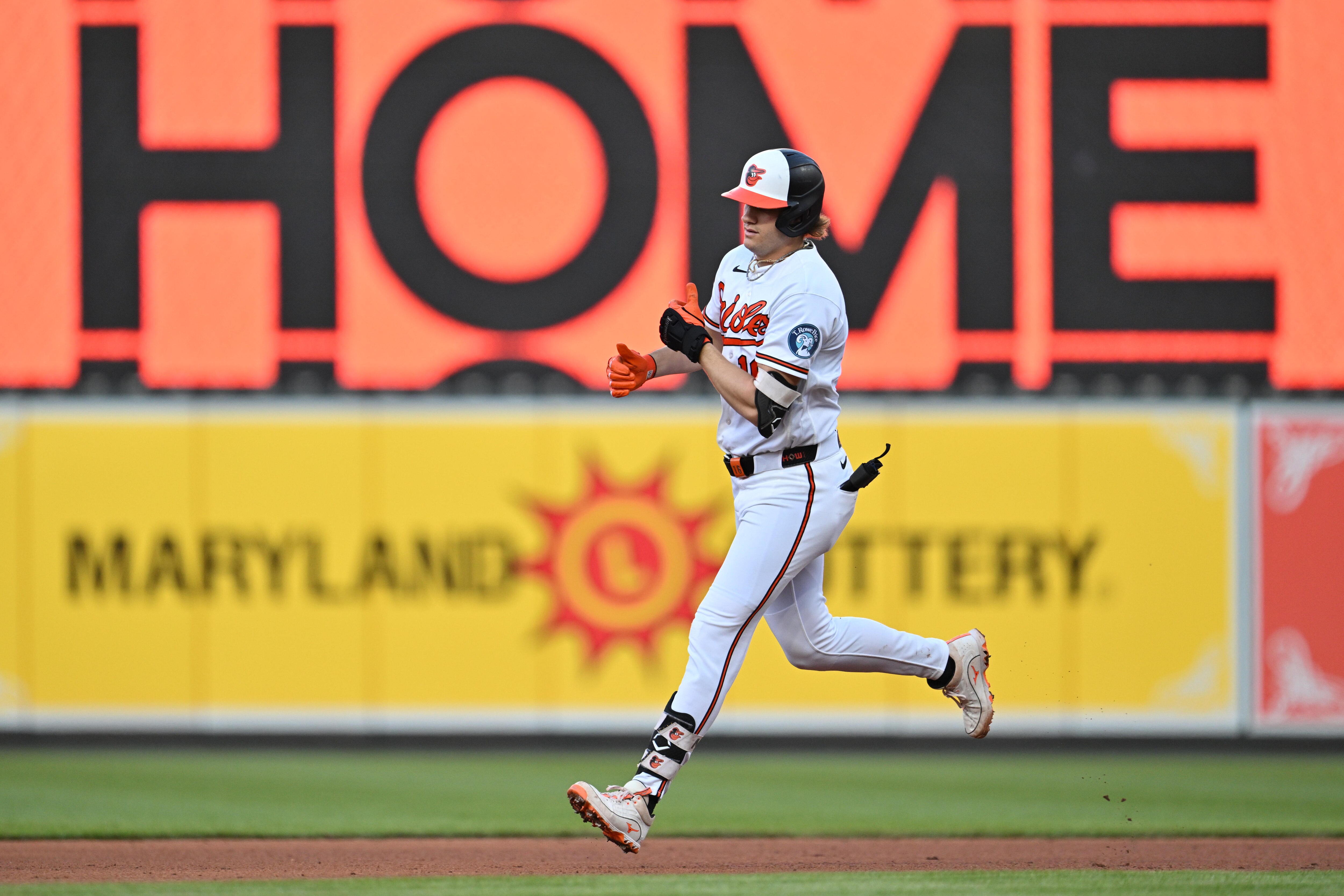 Coby Mayo trots the bases after hitting a home run in the fourth inning of a 2-1 loss to the Blue Jays.