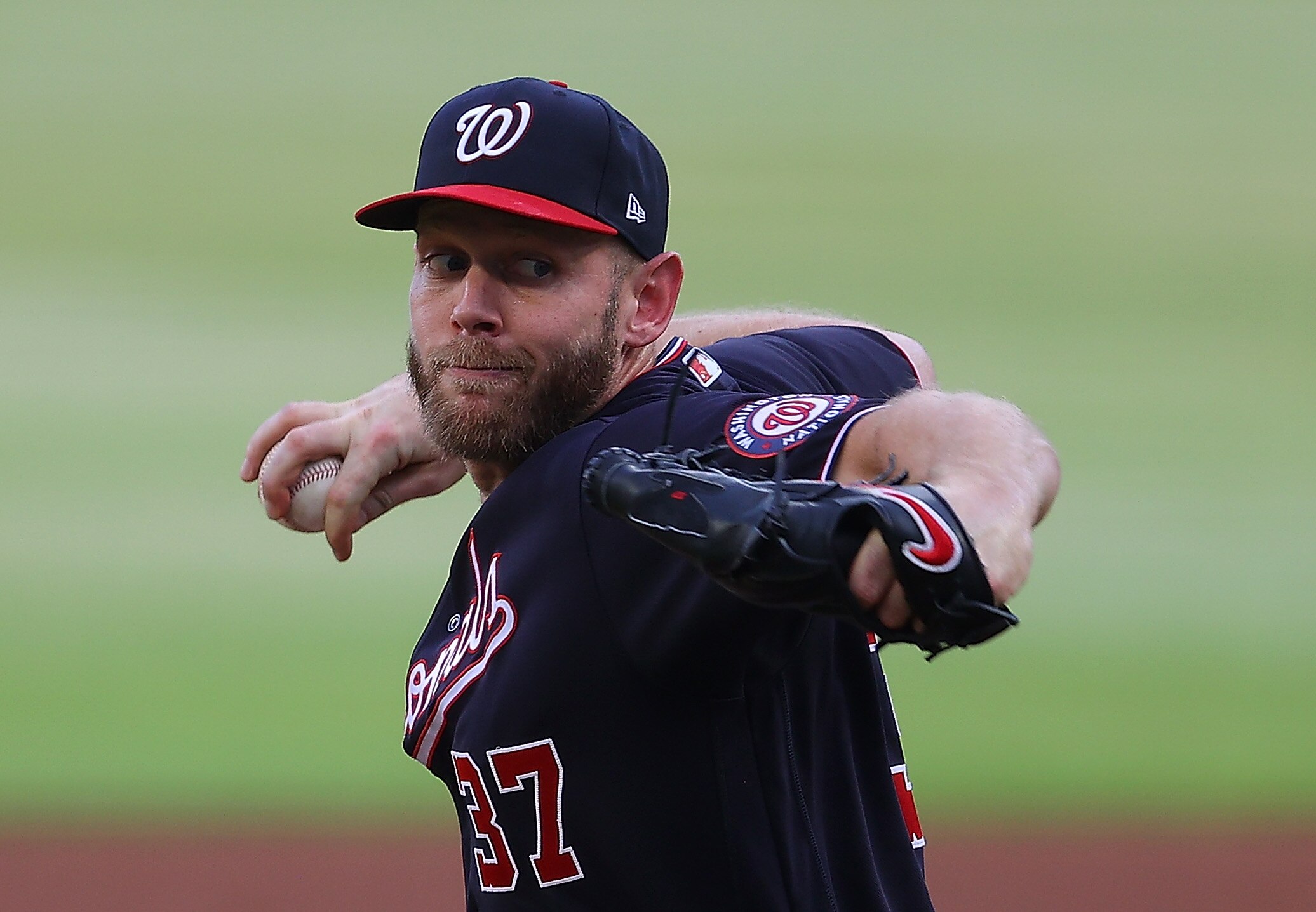 ATLANTA, GEORGIA - JUNE 01:  Stephen Strasburg #37 of the Washington Nationals pitches in the first inning against the Atlanta Braves at Truist Park on June 01, 2021 in Atlanta, Georgia. (Photo by Kevin C. Cox/Getty Images)