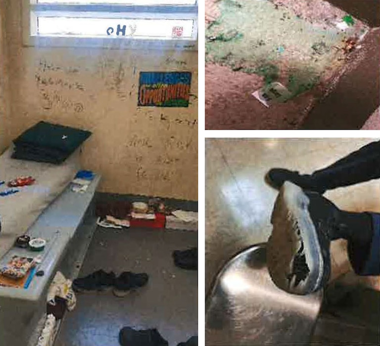 Photographs from a report after inspections of the Baltimore City Juvenile Justice Center last year, published by the Maryland Office of the Correctional Ombudsman, shows graffiti on the walls on a youth room, rat droppings on the floor, and shoes issued to the incarcerated children that are falling apart.