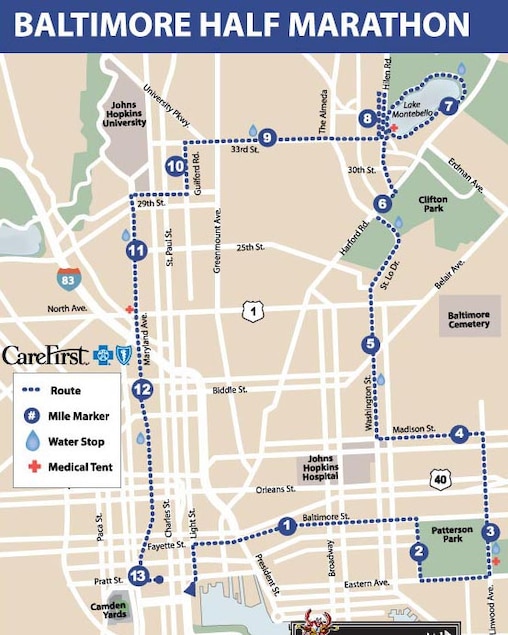 Half marathon route for the 2026 Baltimore Running Festival.