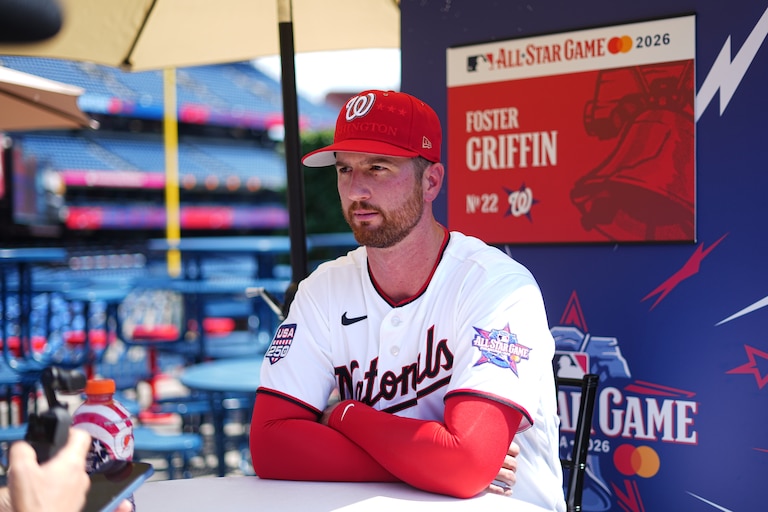 Washington Nationals' Foster Griffin speaks with members of the media during the MLB baseball All-Star Week on Monday.