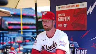 Washington Nationals' Foster Griffin speaks with members of the media during the MLB baseball All-Star Week on Monday.