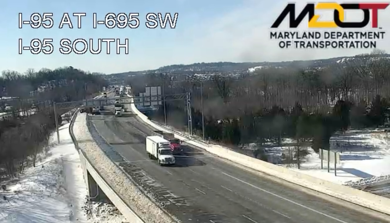 WEDNESDAY, JANUARY 28, 2026 - Multiple lanes are closed on I-95 approaching the SW corner of the beltway due to a jack-knifed tractor-trailer.