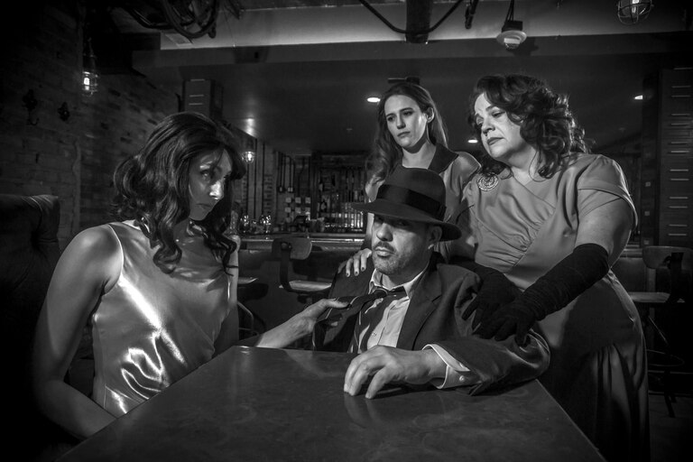 Luke Tudball plays the hardboiled detective, "Stone," in the Colonial Players production of "City of Angels." He's joined by, from left, Erica Miller, Kasey Colligan and Shelly Work.