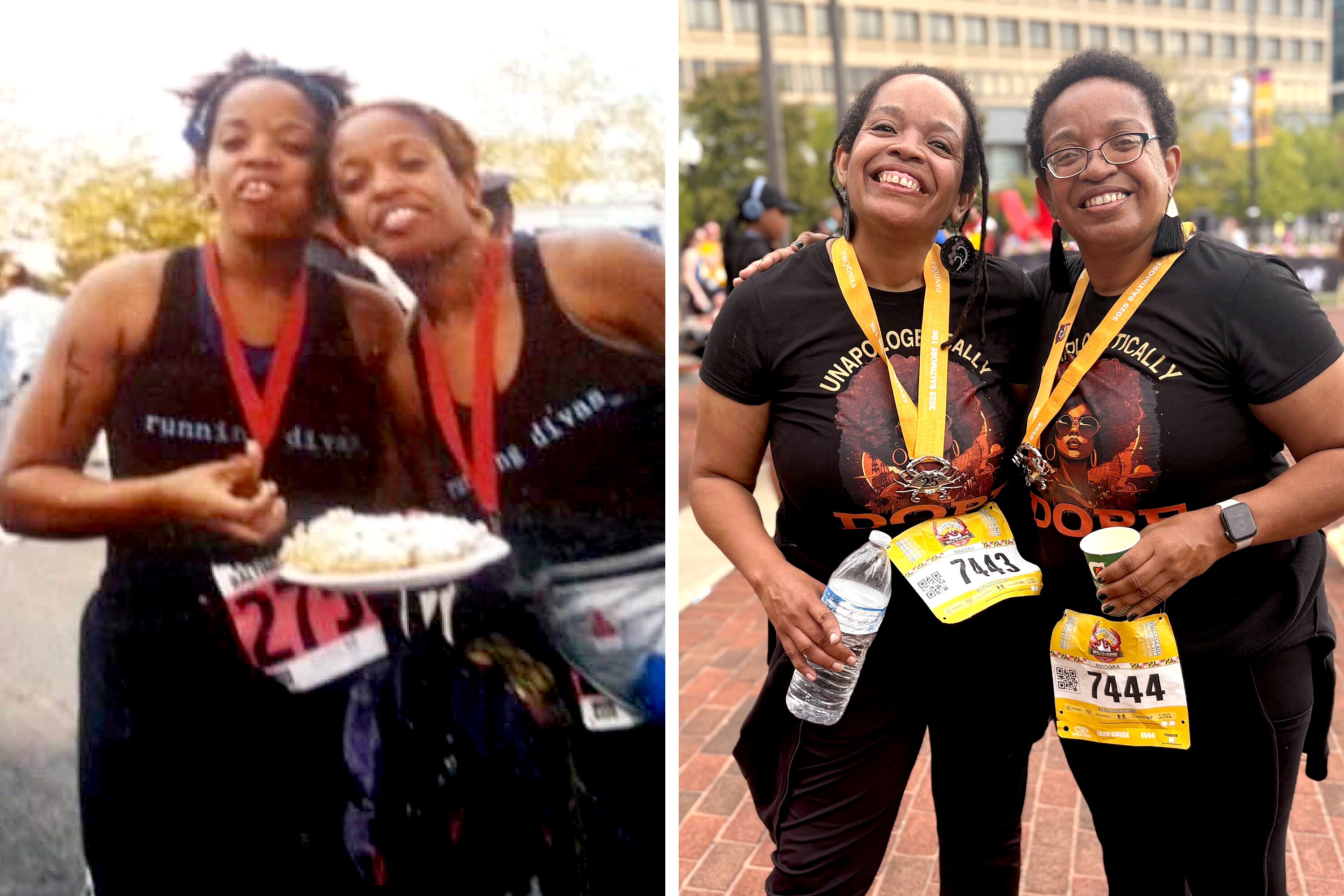 Banner columnist Leslie Gray Streeter and her twin sister, Lynne Streeter Childress, at the running festival 20 years ago and this year.