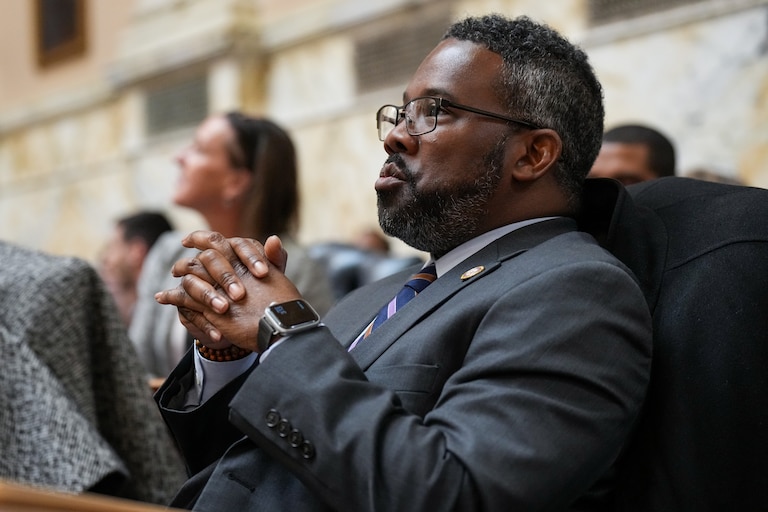 Del. Tony Bridges, a Baltimore City Democrat, listens to floor debate at the Maryland State House on Monday, March 20, also known as Crossover Day in Annapolis. General Assembly session rules require bills to pass one chamber — either the House of Delegates or the state Senate — by the end of the day on Monday, to ensure the other chamber will consider it.