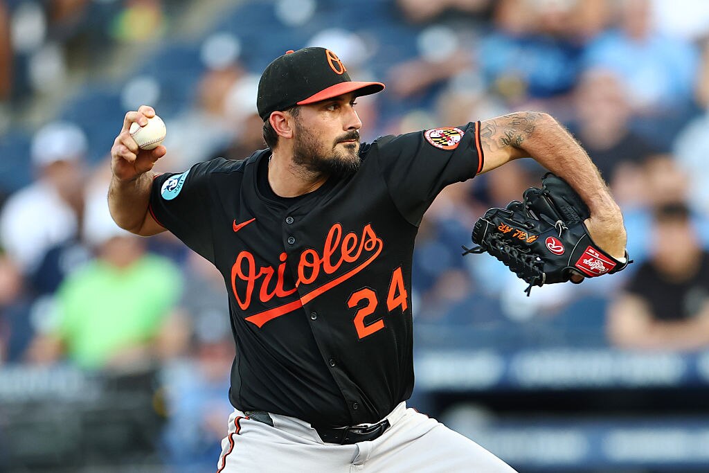 TAMPA, FLORIDA - JUNE 16: Zach Eflin #24 of the Baltimore Orioles delivers a pitch in the first inning against the Tampa Bay Rays at George M. Steinbrenner Field on June 16, 2025 in Tampa, Florida. (Photo by Julio Aguilar/Getty Images)