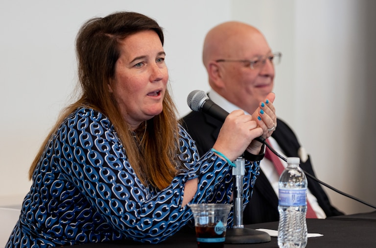 Former Baltimore County Inspector General Kelly Madigan, left, joins Maryland State Bar Association president Raphael J. Santini on a panel