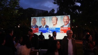People watch results at an election night event for California gubernatorial candidate Xavier Becerra, Tuesday, June 2, 2026, in Los Angeles.