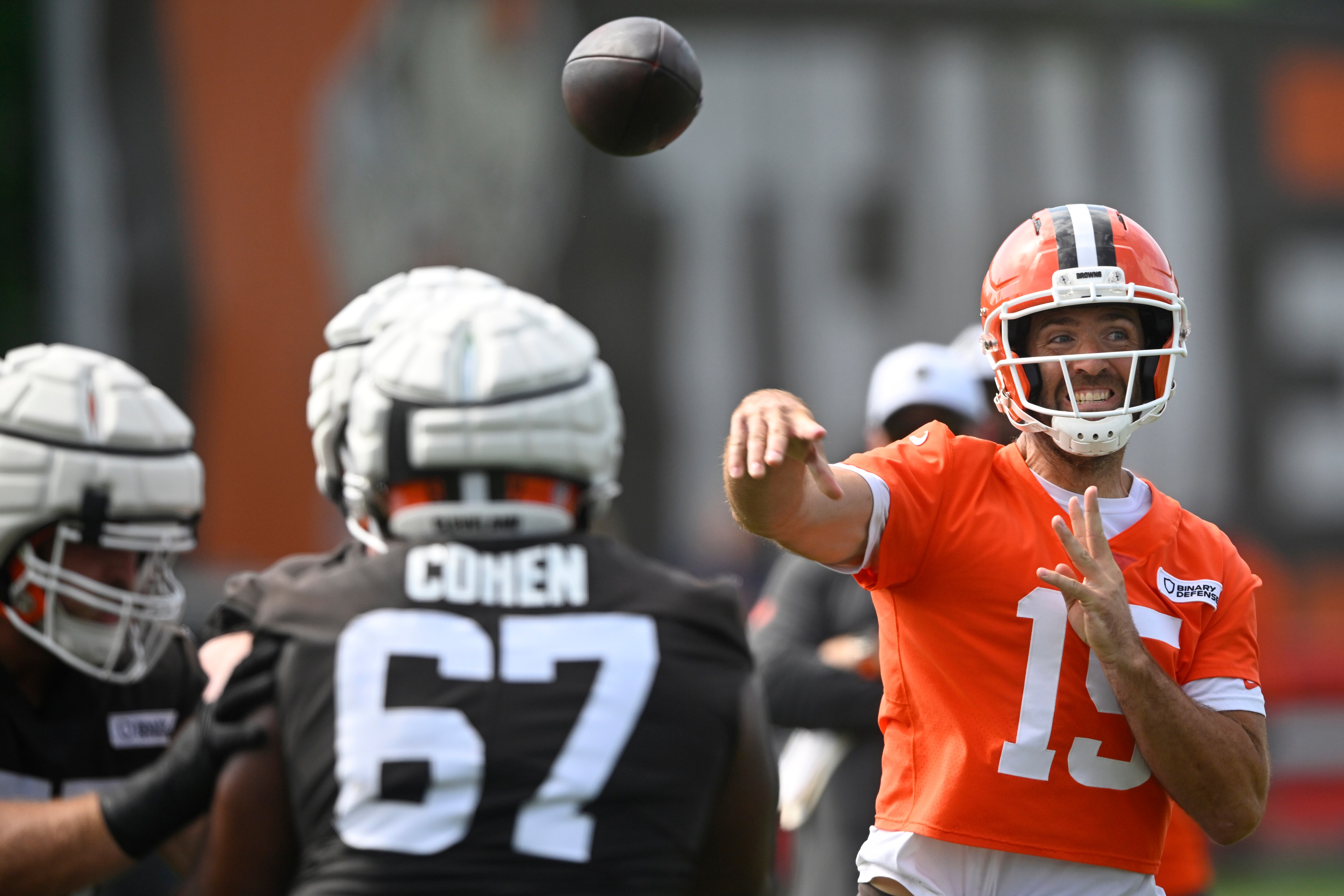 Cleveland Browns quarterback Joe Flacco throws a pass during.