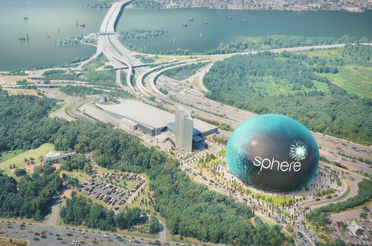 A rendering shows plans for a Sphere at the National Harbor.