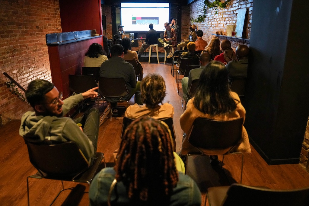 A panel of comedians give their hot takes on the news during The Droconomist comedy show at Old Major in the Pigtown neighborhood of Baltimore, Md. on Friday, September 25, 2026.