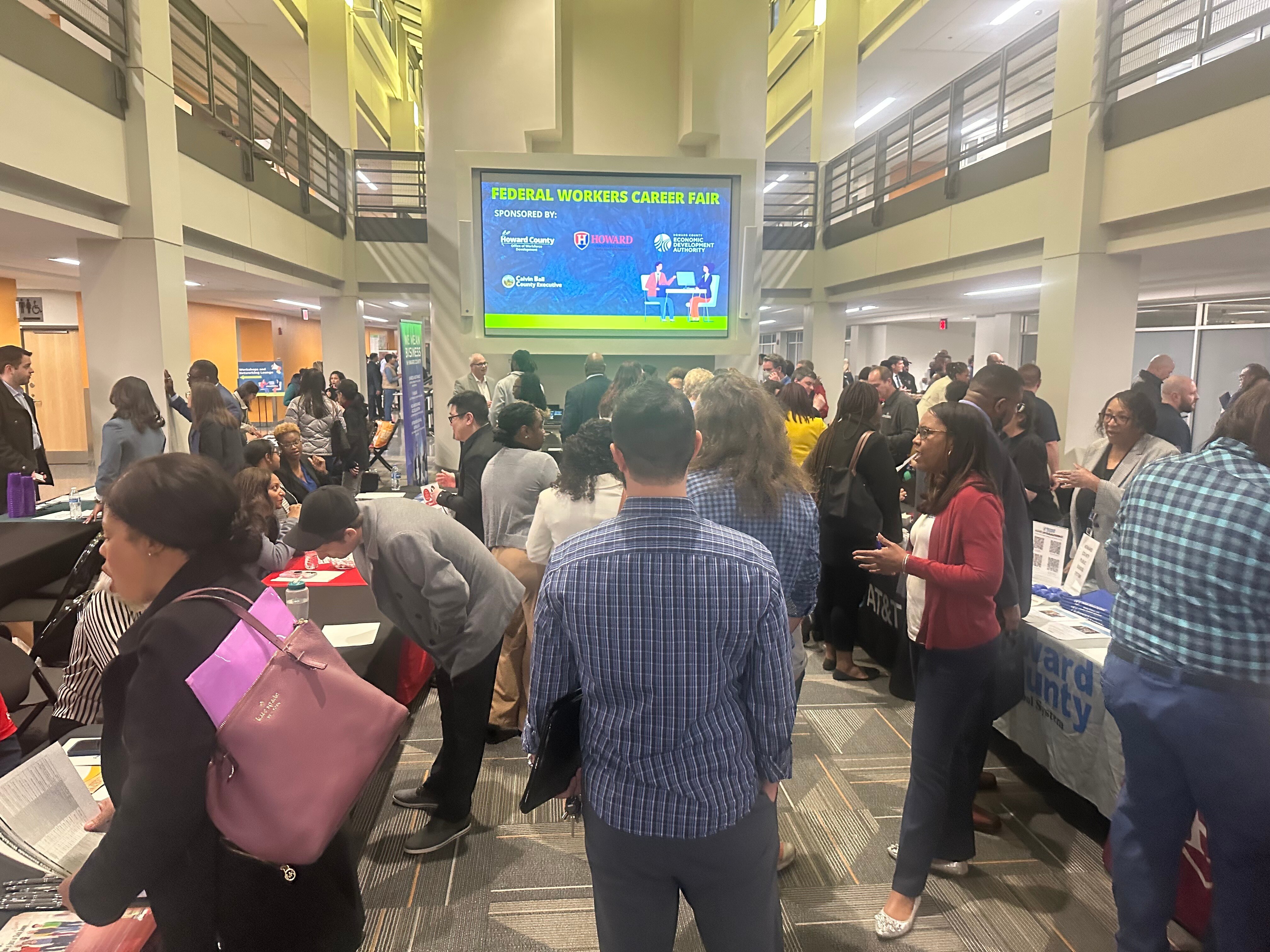 People gather for a federal workers career fair in Howard County on Feb. 26, 2025.