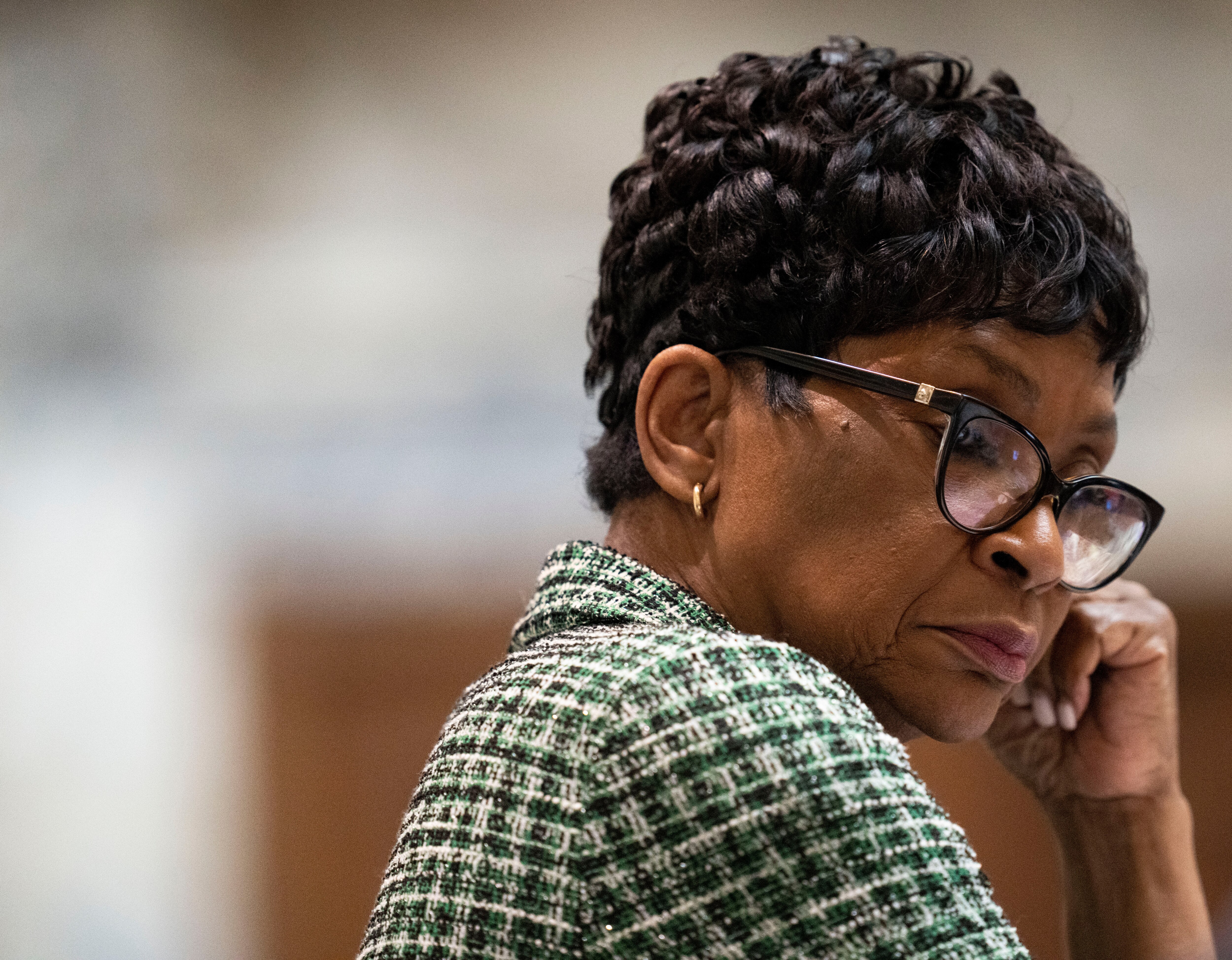 Adrienne Jones, House Speaker listens as delegates speak on the house floor at the Maryland State House, in Annapolis, Monday, March 17, 2025.
