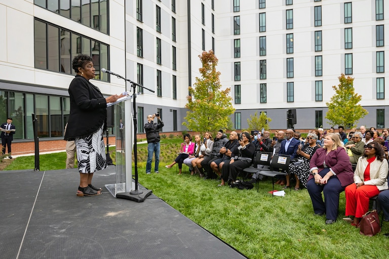 Elaine Johnson Coates speaks during the dedication of Johnson-Whittle Hall residence hall, Heritage Plaza, September 30, 2022.