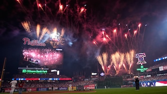 Fireworks explode during the MLB baseball All-Star Game between the American League and National League on July 14.