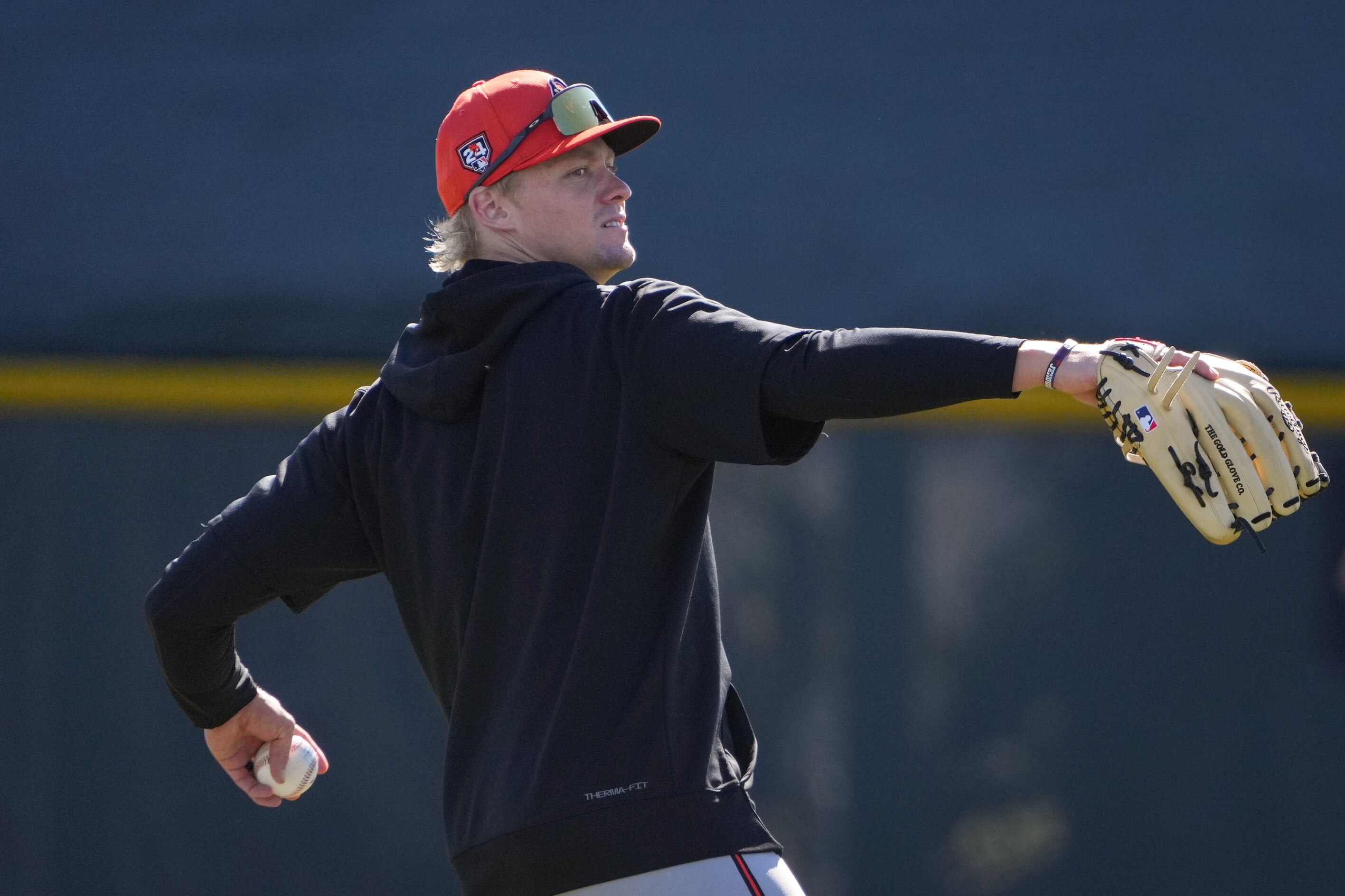 Orioles outfielder Kyle Stowers throws the ball during a spring training session at Ed Smith Stadium in February.