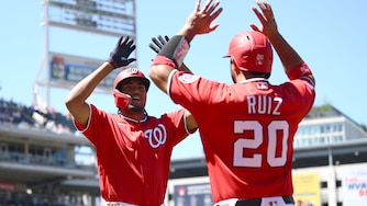 Washington Nationals' James Wood, left, celebrates after his two-run home run with Keibert Ruiz (20) during the fifth inning of a baseball game against the San Diego Padres, Sunday, May 31, 2026, in Washington.