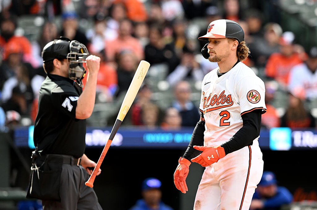 Gunnar Henderson flips his bat after striking out in the ninth inning against the Toronto Blue Jays on Sunday.