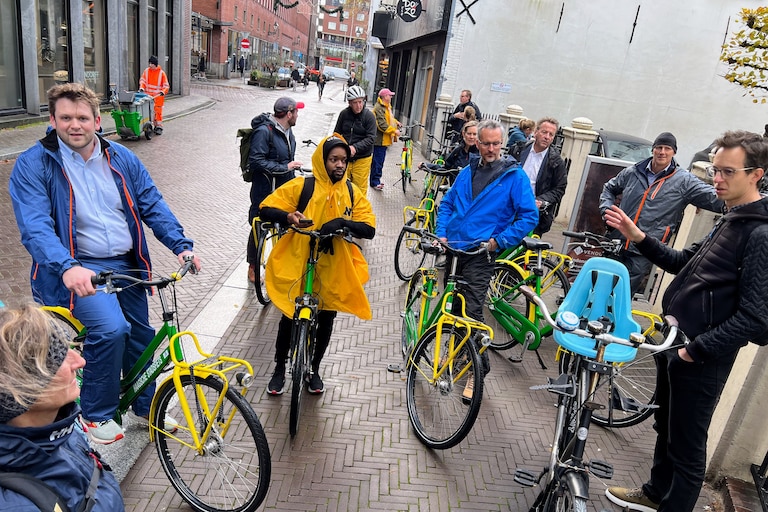 Alderman Rob Savidge, center right, listens as Marco Mulder of the firm Arcadis, far right, talks about sustainable design elements during a tour of the Dutch city of Scheveningen in November 2023.