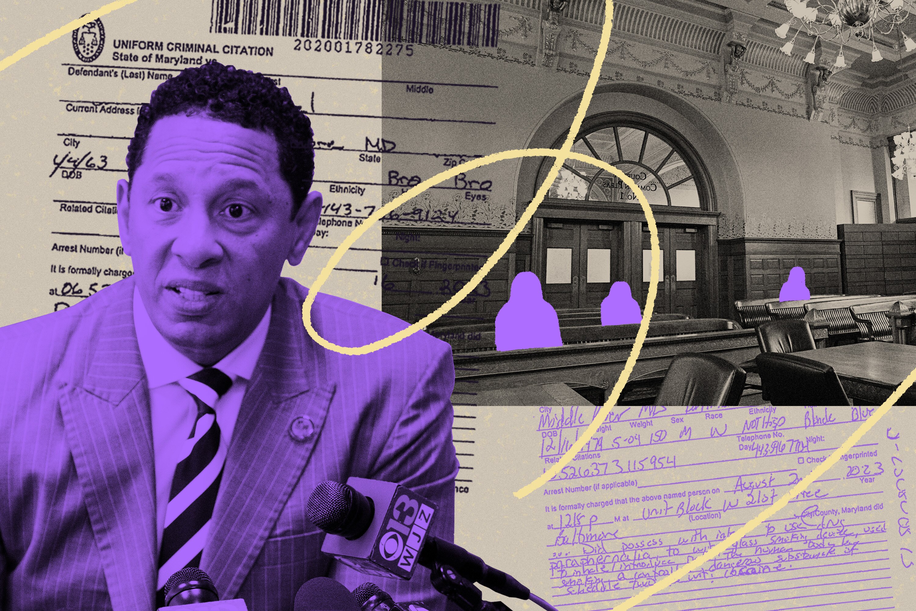 Illustration shows photo of Ivan Bates speaking into microphones on left and an empty courtroom on the right, with police tickets layered over and between the photos.