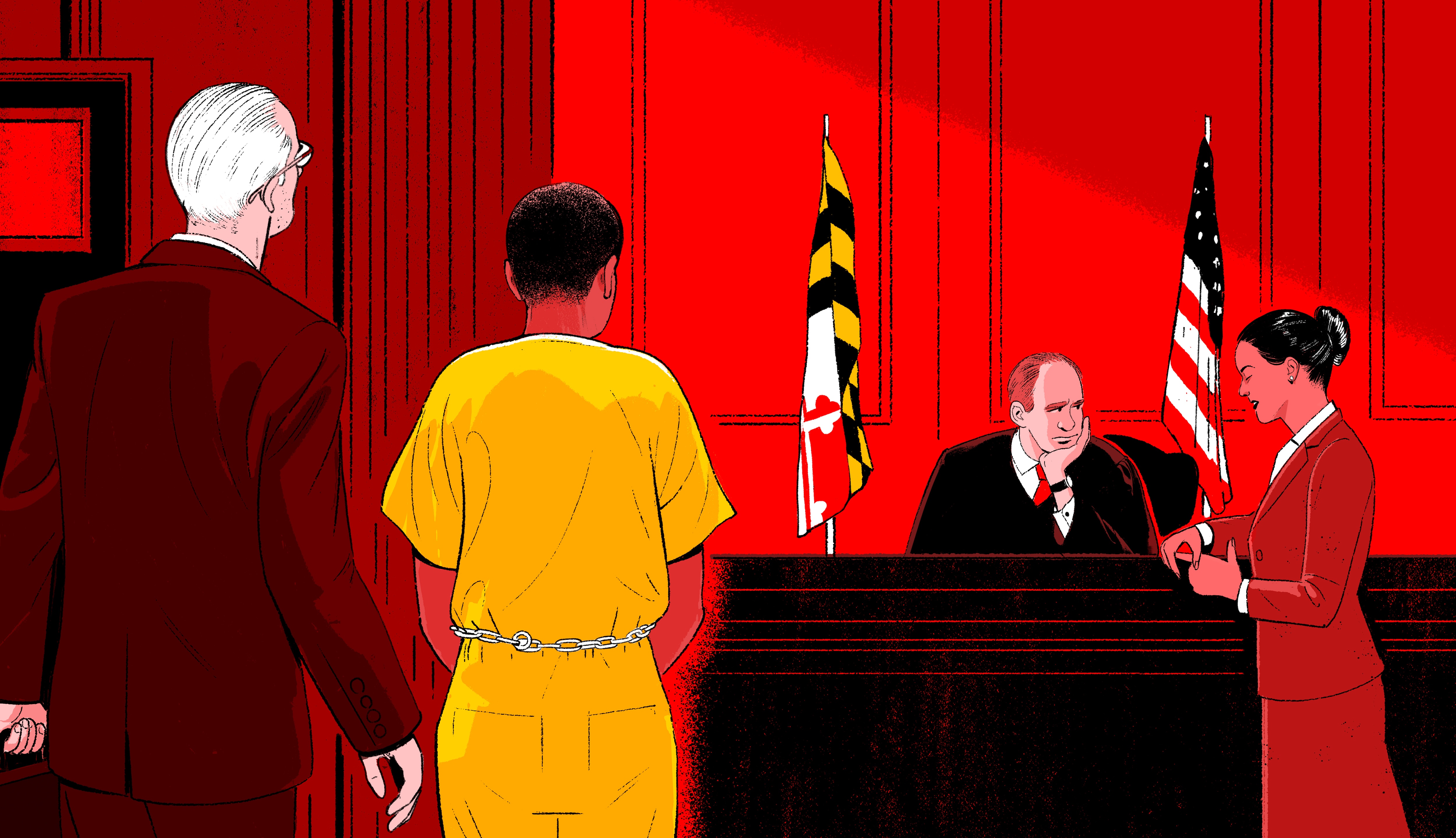 Illustration of a young man in a yellow jumpsuit standing in front of a judge and a lawyer in a courtroom. The young man wears a waist chain. An older man stands behind him.
