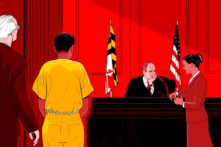 Illustration of a young man in a yellow jumpsuit standing in front of a judge and a lawyer in a courtroom. The young man wears a waist chain. An older man stands behind him.