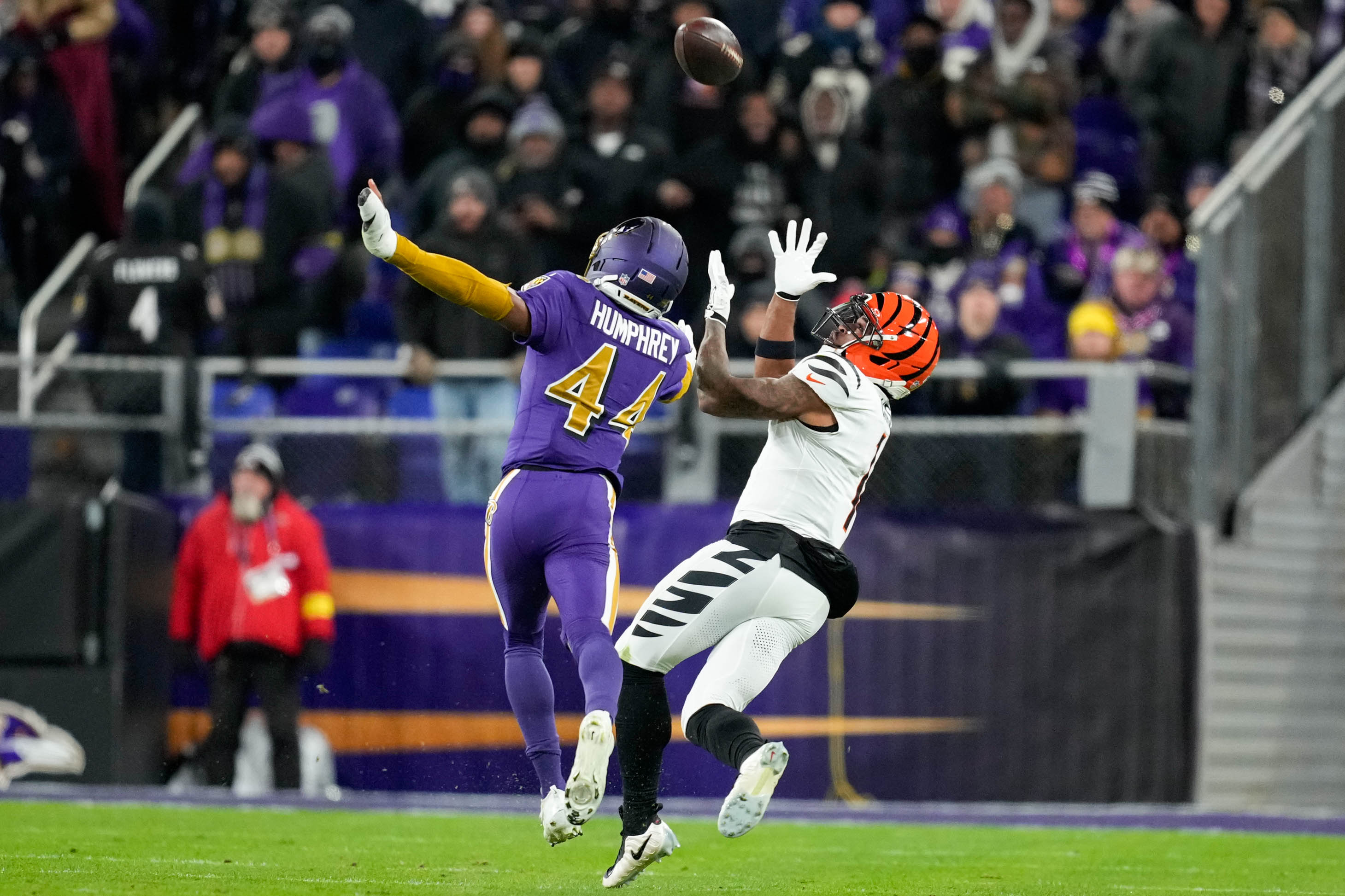 Ravens cornerback Marlon Humphrey defends against Bengals wide receiver Ja’Marr Chase in November.