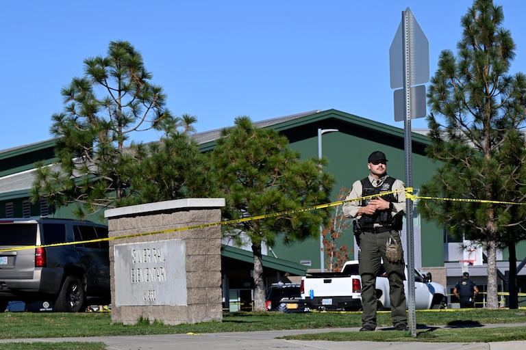 Police tape is placed outside Silver Rail Elementary school, where a shooting took place, on Thursday, Oct. 15, 2026 in Bend, Oregon.