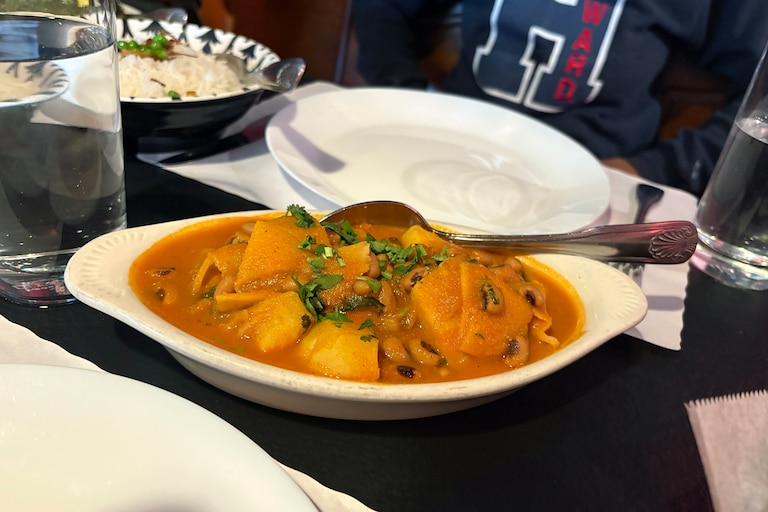 Aloo Rama Bodi, a flavorful stew of fermented bamboo shoots (tame), potatoes (aloo), and black-eyed peas (bodi) at Kathmandu Kitchen in Towson.