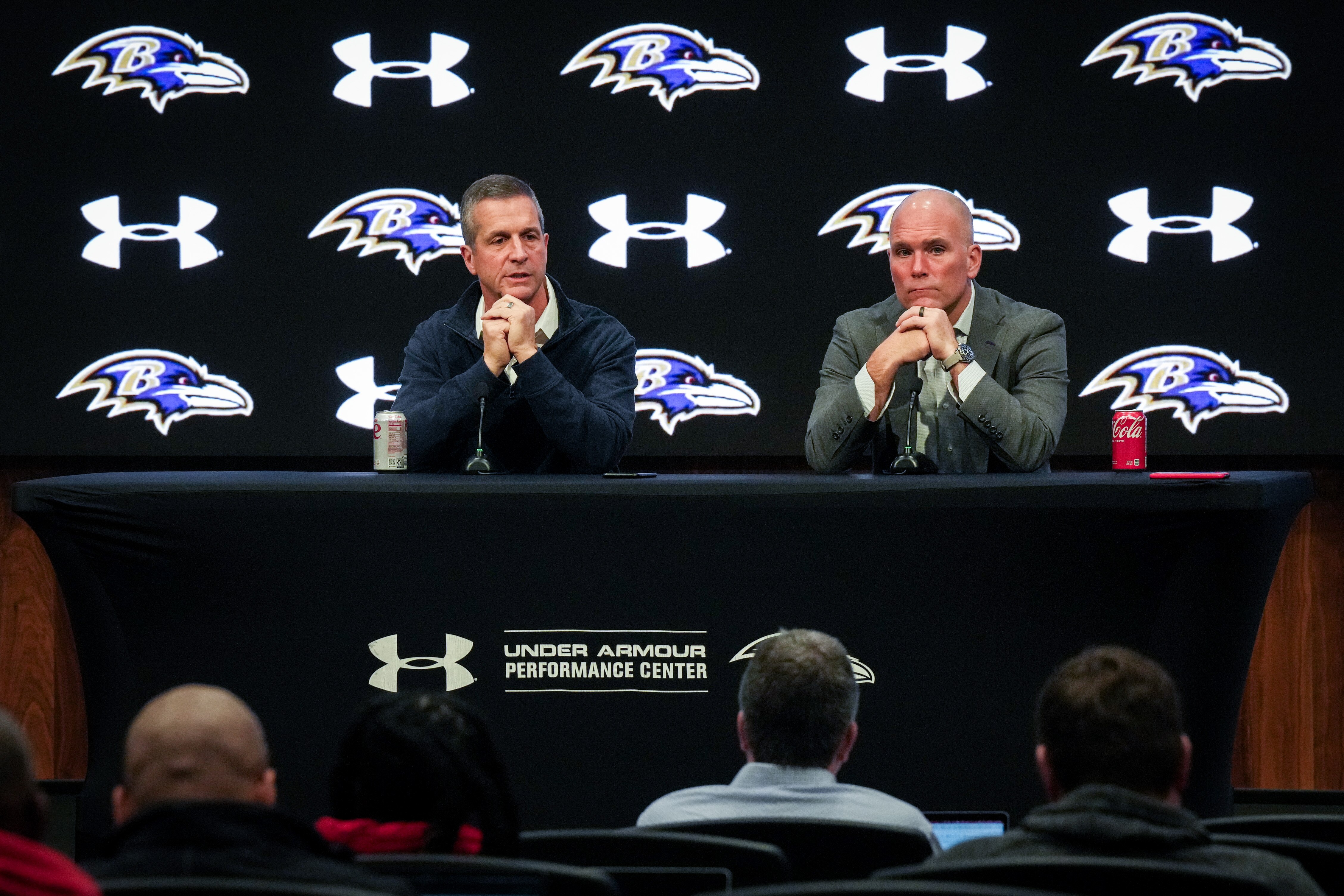 Ravens coach John Harbaugh (left) and general manager Eric DeCosta have watched a lot of key players and assistant coaches leave during the offseason.