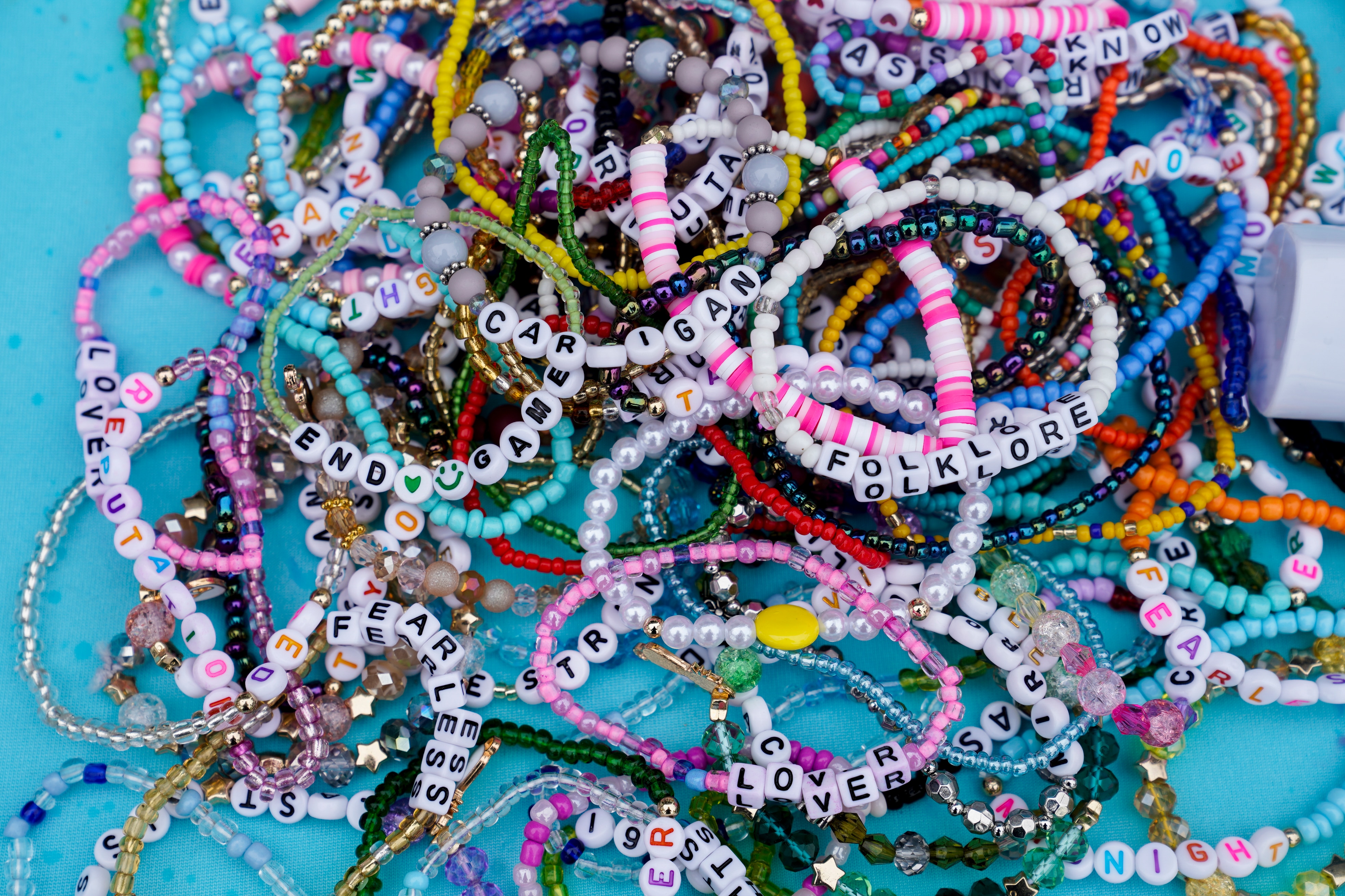 CULVER CITY, CALIFORNIA - AUGUST 09: Bracelets at the SoFi Taylor Swift Pre-Party at The Shay on August 09, 2023 in Culver City, California. (Photo by Presley Ann/Getty Images for SoFi)